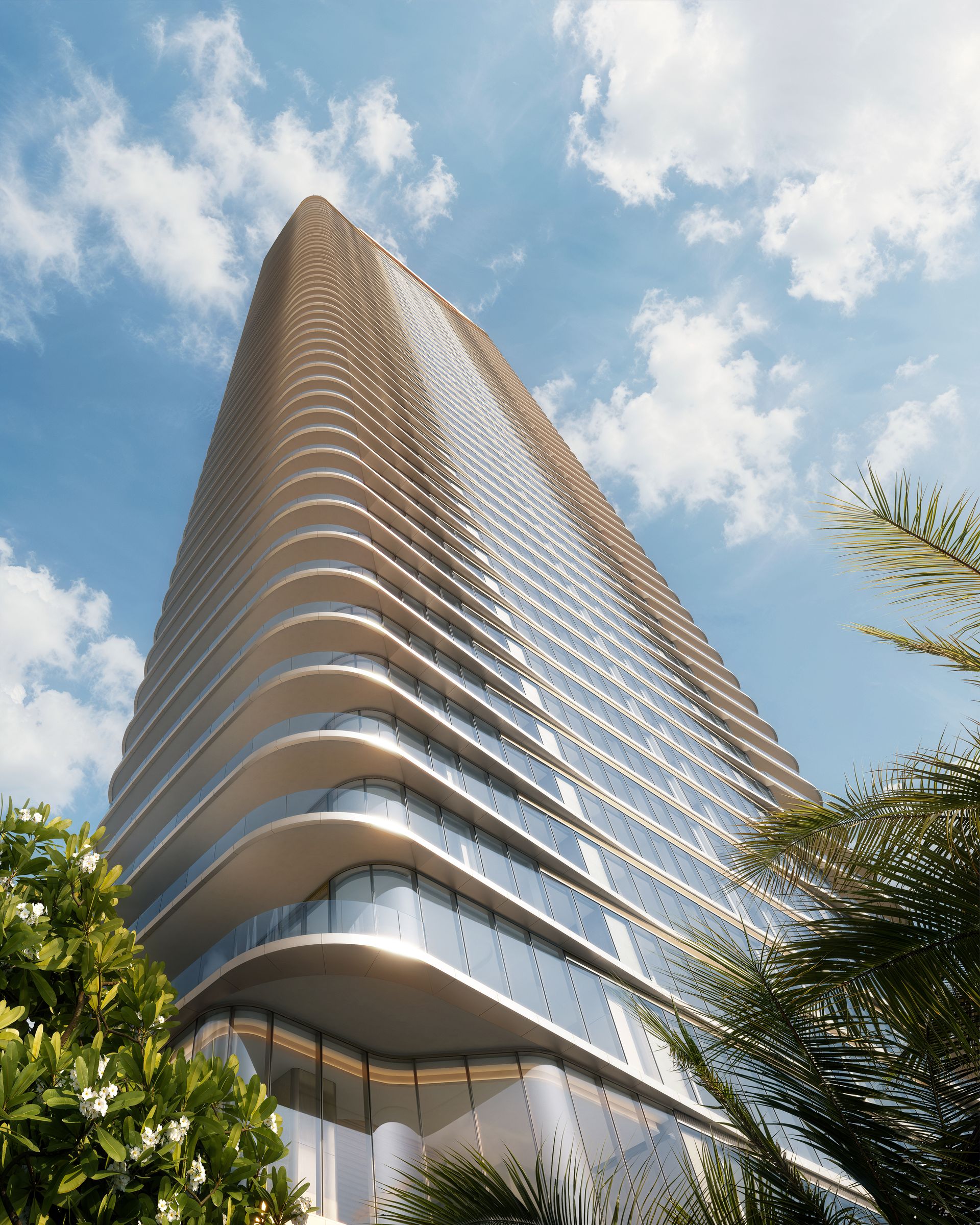 LILLI tower rising above Edgewater, low-angle view